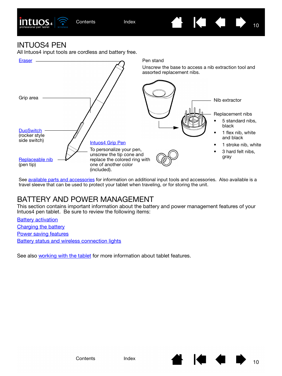 Intuos4 pen, Battery and power management, D the | Input tools, Intuos4 pen battery and power management, Intuos4 | Wacom INTUOS4 WIRELESS PTK-540WL User Manual | Page 10 / 116