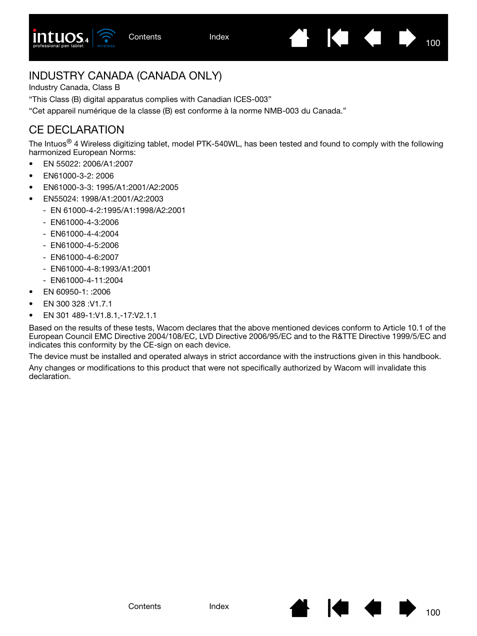 Industry canada (canada only), Ce declaration | Wacom INTUOS4 WIRELESS PTK-540WL User Manual | Page 100 / 116
