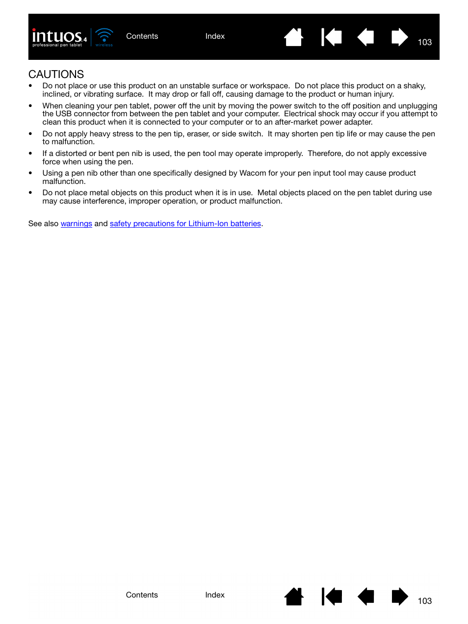Cautions, Cautions 103 | Wacom INTUOS4 WIRELESS PTK-540WL User Manual | Page 103 / 116