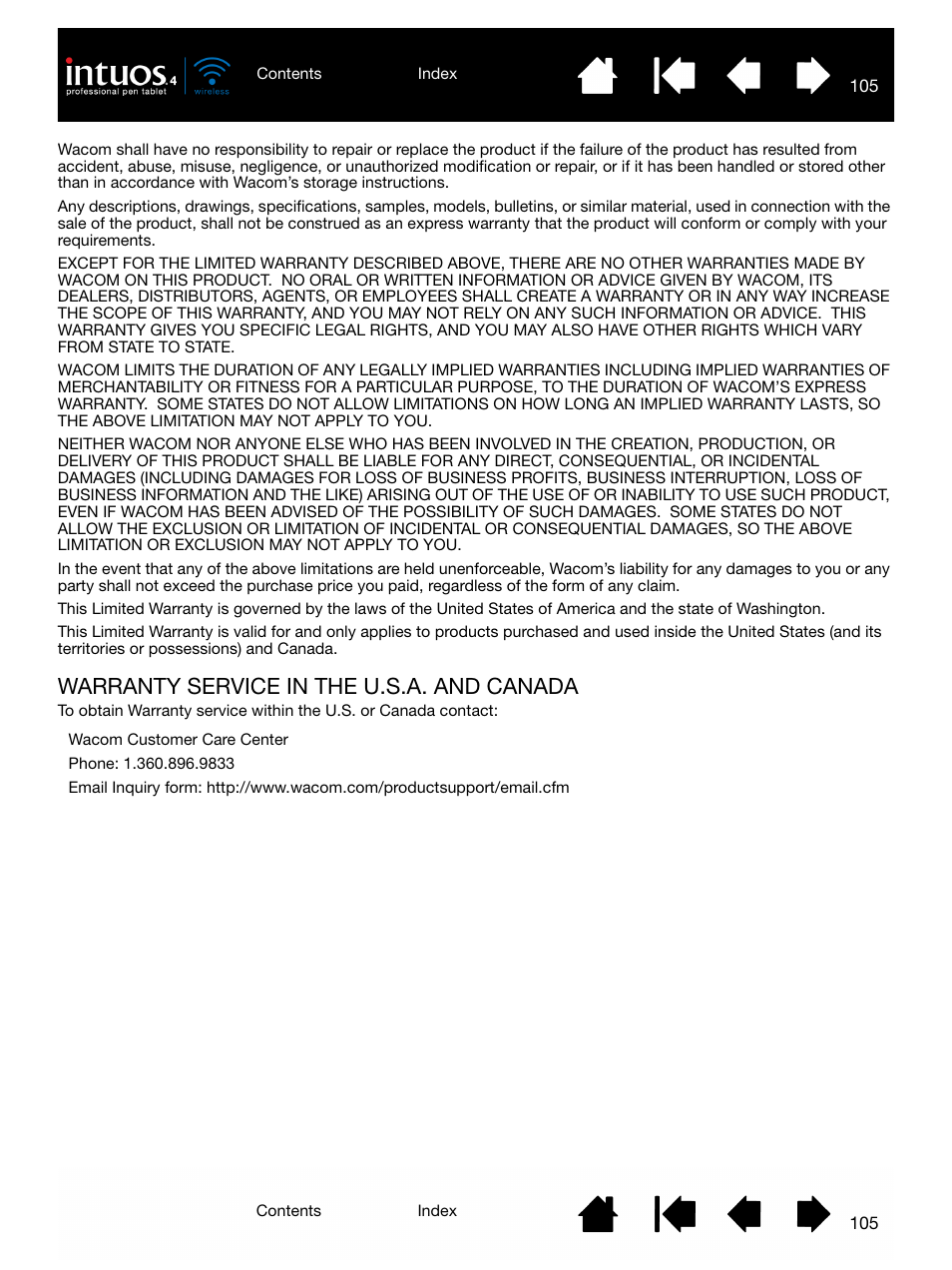 Warranty service in the u.s.a. and canada | Wacom INTUOS4 WIRELESS PTK-540WL User Manual | Page 105 / 116