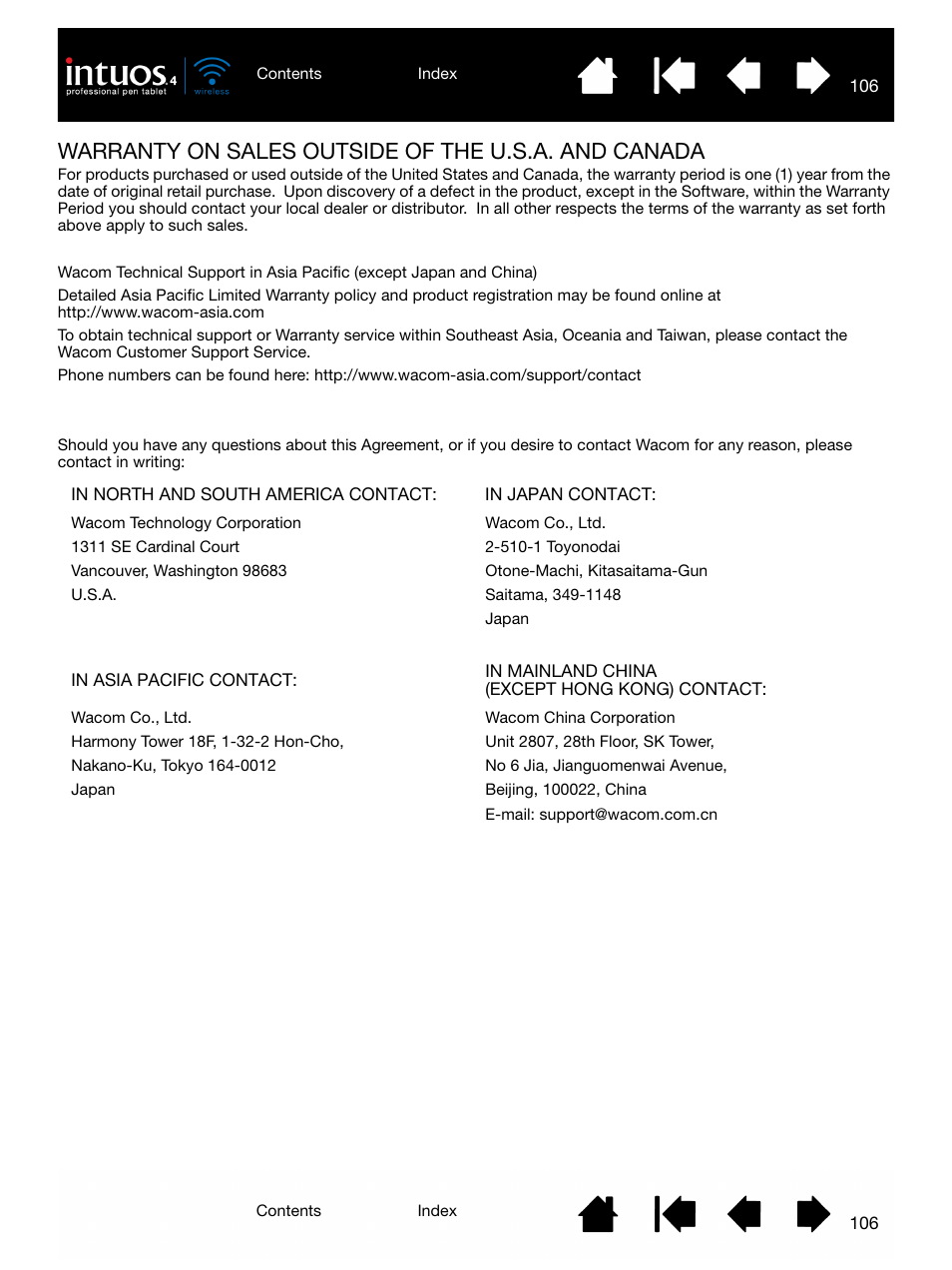 Warranty on sales outside of the u.s.a. and canada, Warranty on sales outside of, The u.s.a. and canada | Wacom INTUOS4 WIRELESS PTK-540WL User Manual | Page 106 / 116