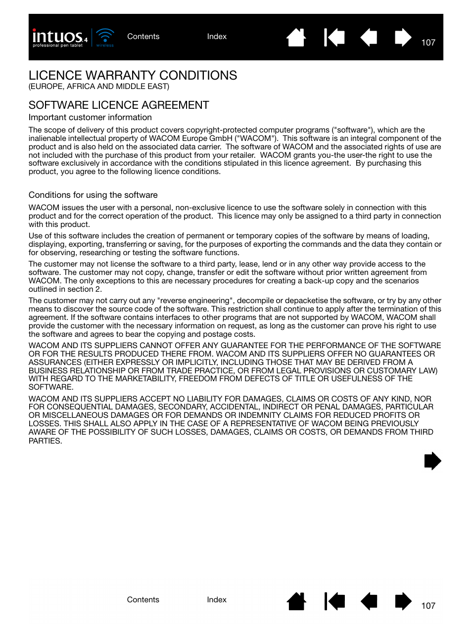 Software licence agreement, Licence warranty conditions | Wacom INTUOS4 WIRELESS PTK-540WL User Manual | Page 107 / 116