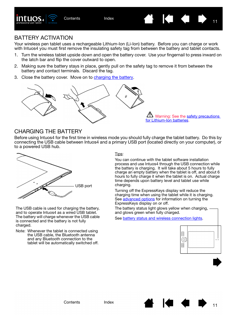 Battery activation, Charging the battery, Battery | Activation, Battery activation charging the battery | Wacom INTUOS4 WIRELESS PTK-540WL User Manual | Page 11 / 116