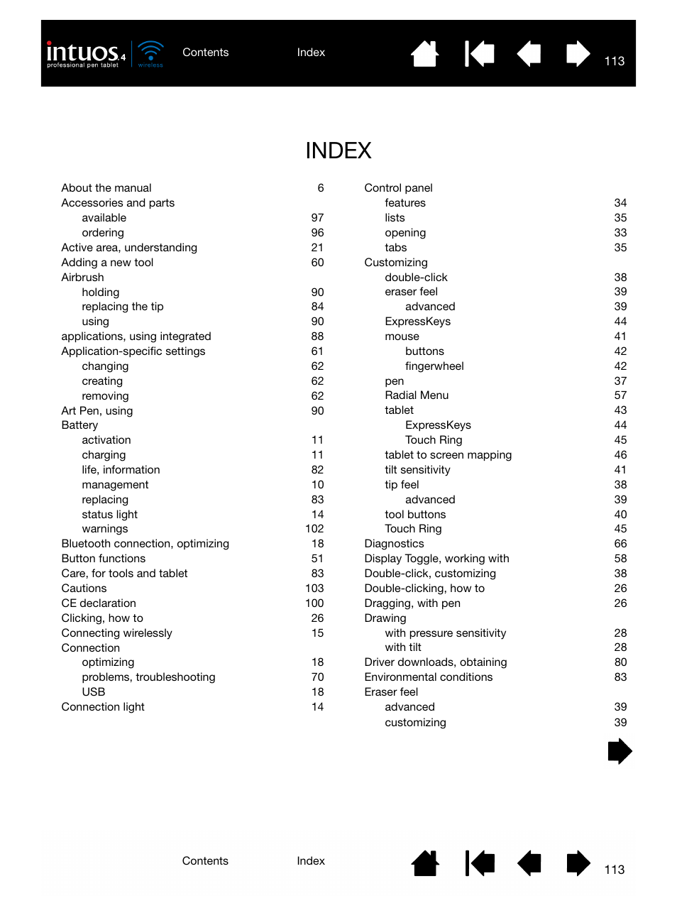 Index, Index 113 | Wacom INTUOS4 WIRELESS PTK-540WL User Manual | Page 113 / 116