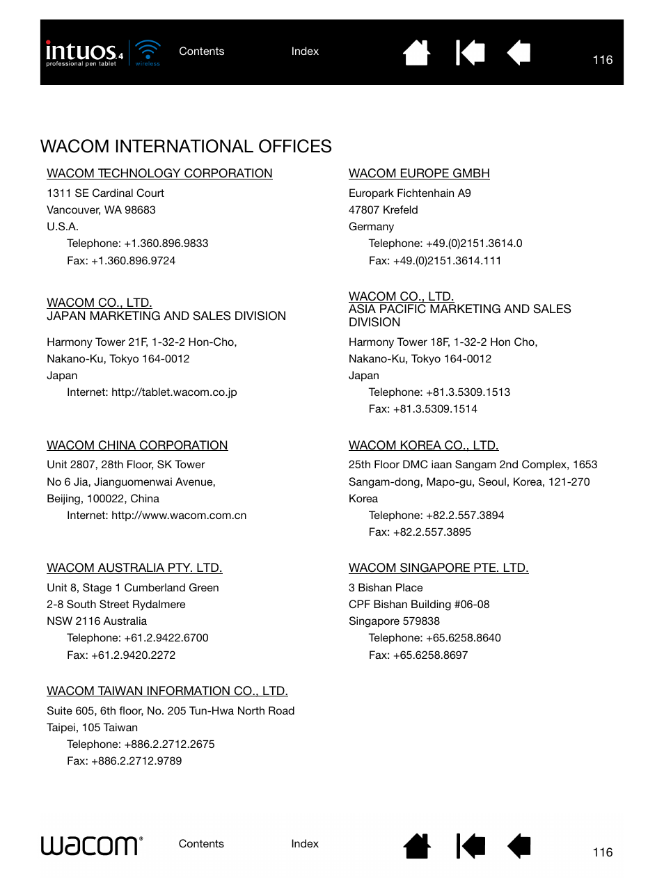 Wacom international offices | Wacom INTUOS4 WIRELESS PTK-540WL User Manual | Page 116 / 116