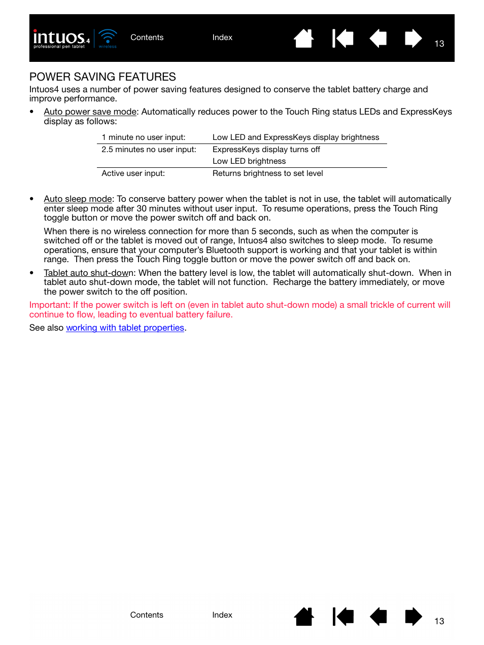 Power saving features | Wacom INTUOS4 WIRELESS PTK-540WL User Manual | Page 13 / 116