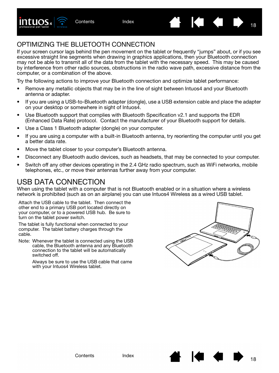 Optimizing the bluetooth connection, Usb data connection, For r | Wacom INTUOS4 WIRELESS PTK-540WL User Manual | Page 18 / 116