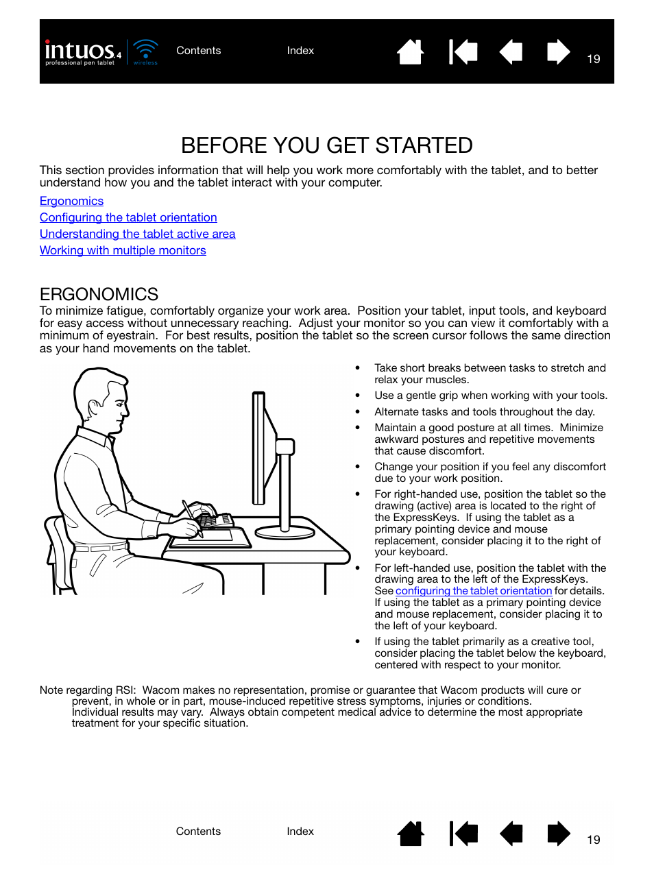 Before you get started, Ergonomics, Before you start | Ergonomics 19 | Wacom INTUOS4 WIRELESS PTK-540WL User Manual | Page 19 / 116