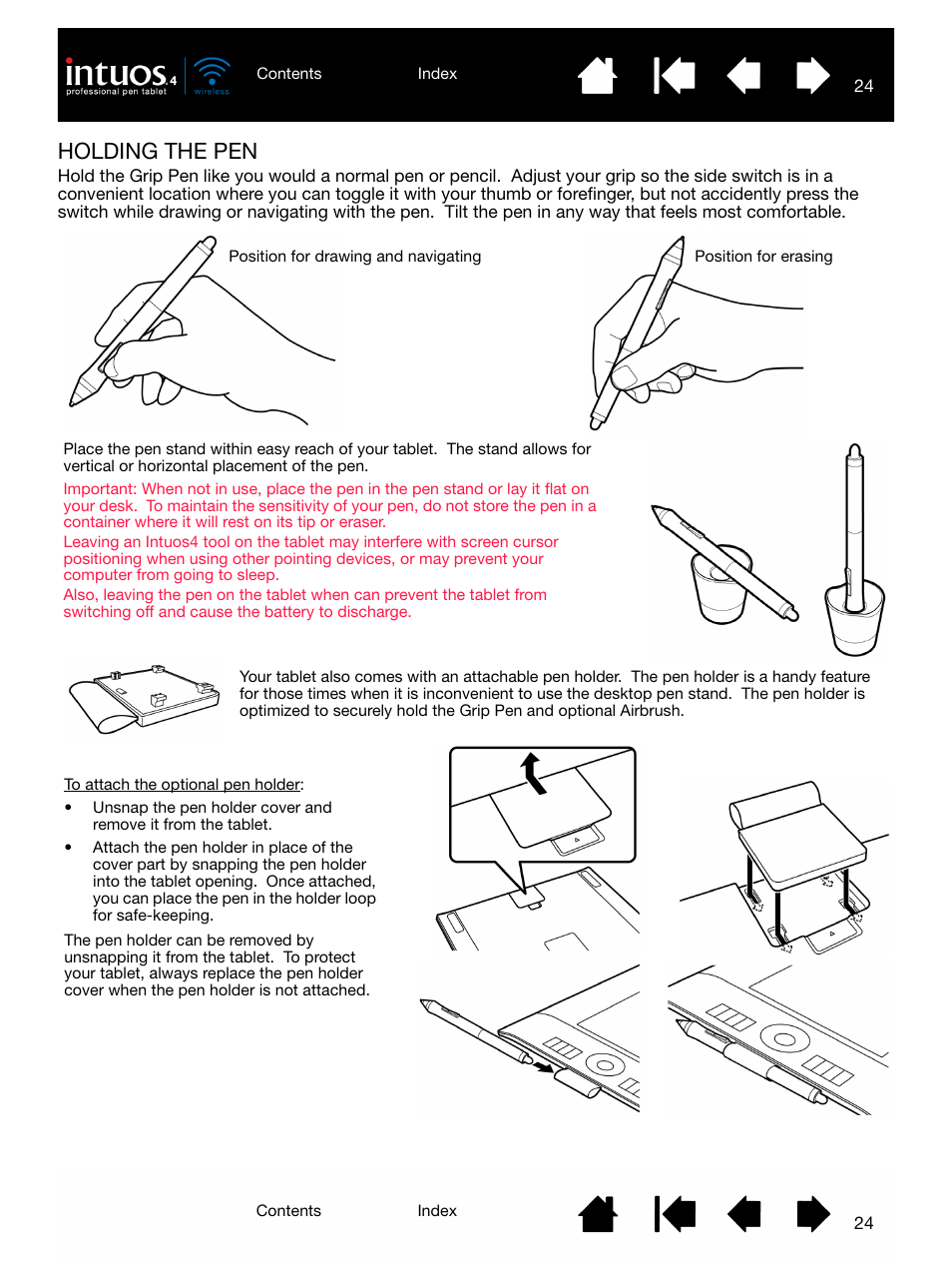 Holding the pen, Pen holder | Wacom INTUOS4 WIRELESS PTK-540WL User Manual | Page 24 / 116