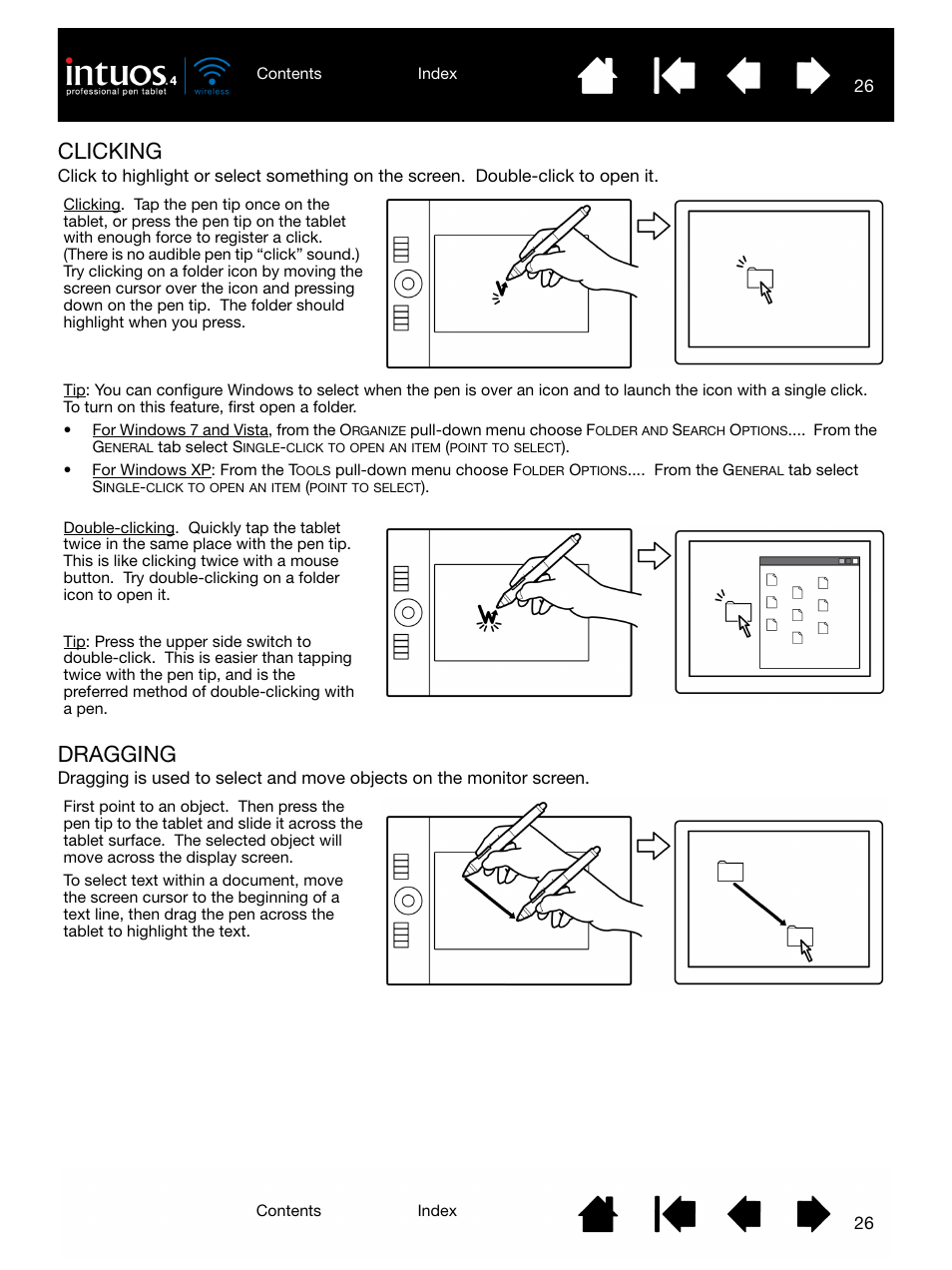 Clicking, Dragging, Clicking 26 dragging 26 | Clicking dragging | Wacom INTUOS4 WIRELESS PTK-540WL User Manual | Page 26 / 116