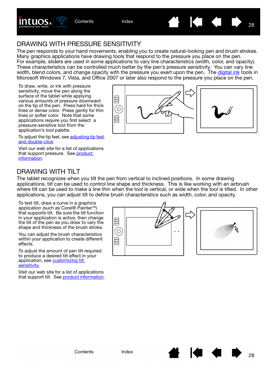Drawing with pressure sensitivity, Drawing with tilt | Wacom INTUOS4 WIRELESS PTK-540WL User Manual | Page 28 / 116