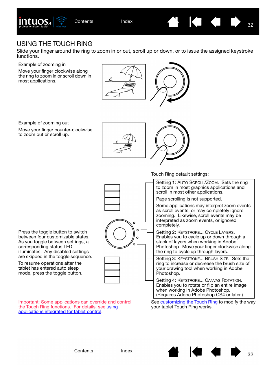 Using the touch ring, Touch ring | Wacom INTUOS4 WIRELESS PTK-540WL User Manual | Page 32 / 116