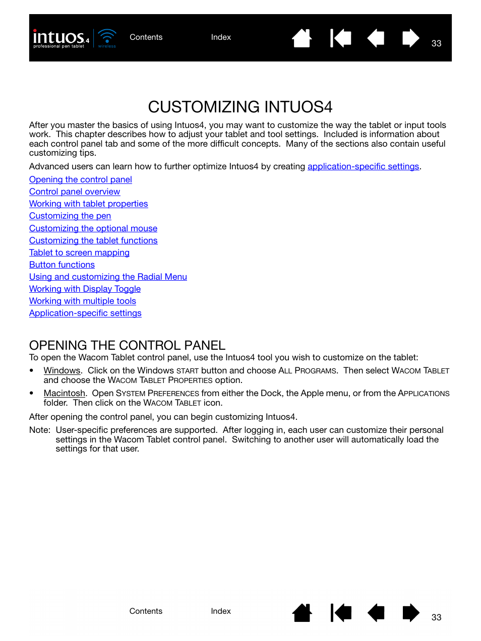 Customizing intuos4, Opening the control panel | Wacom INTUOS4 WIRELESS PTK-540WL User Manual | Page 33 / 116