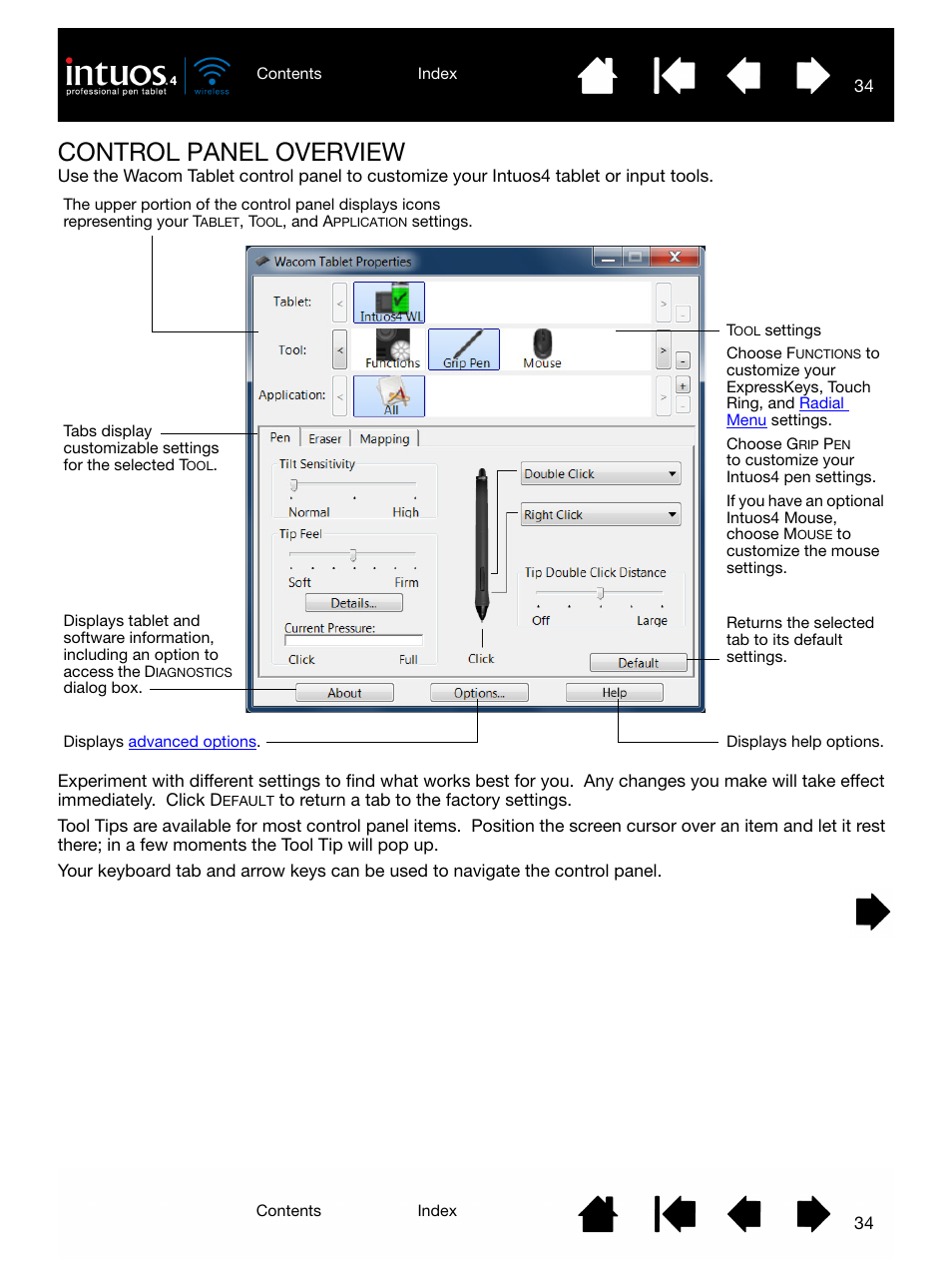 Control panel overview | Wacom INTUOS4 WIRELESS PTK-540WL User Manual | Page 34 / 116