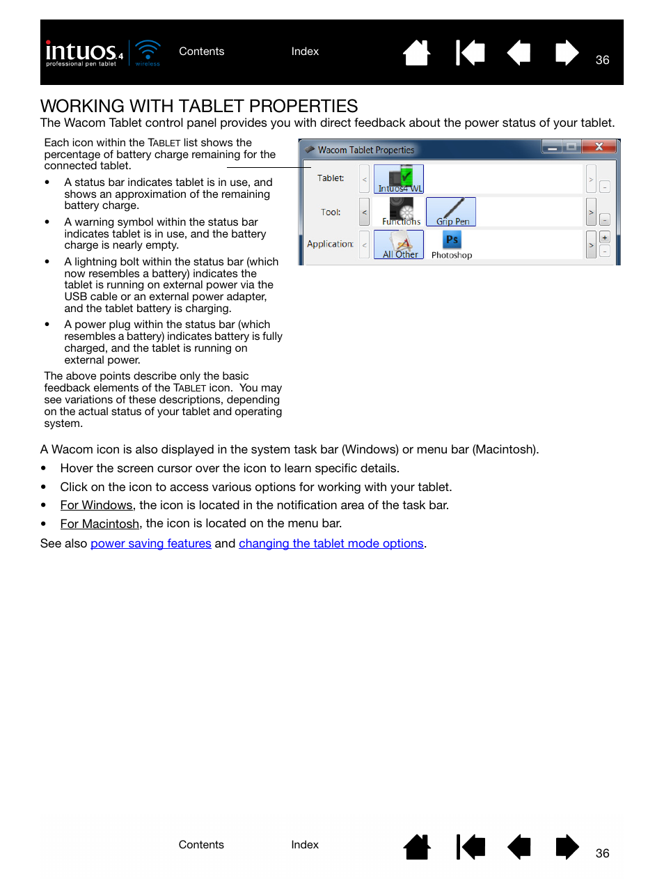Working with tablet properties, Ol panel. see, E also | Wacom INTUOS4 WIRELESS PTK-540WL User Manual | Page 36 / 116