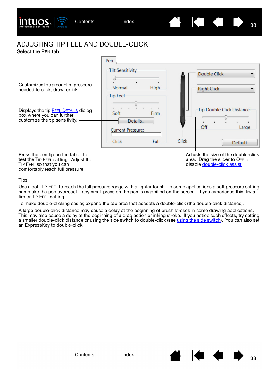 Adjusting tip feel and double-click, Adjusting tip feel, And double-click | Wacom INTUOS4 WIRELESS PTK-540WL User Manual | Page 38 / 116