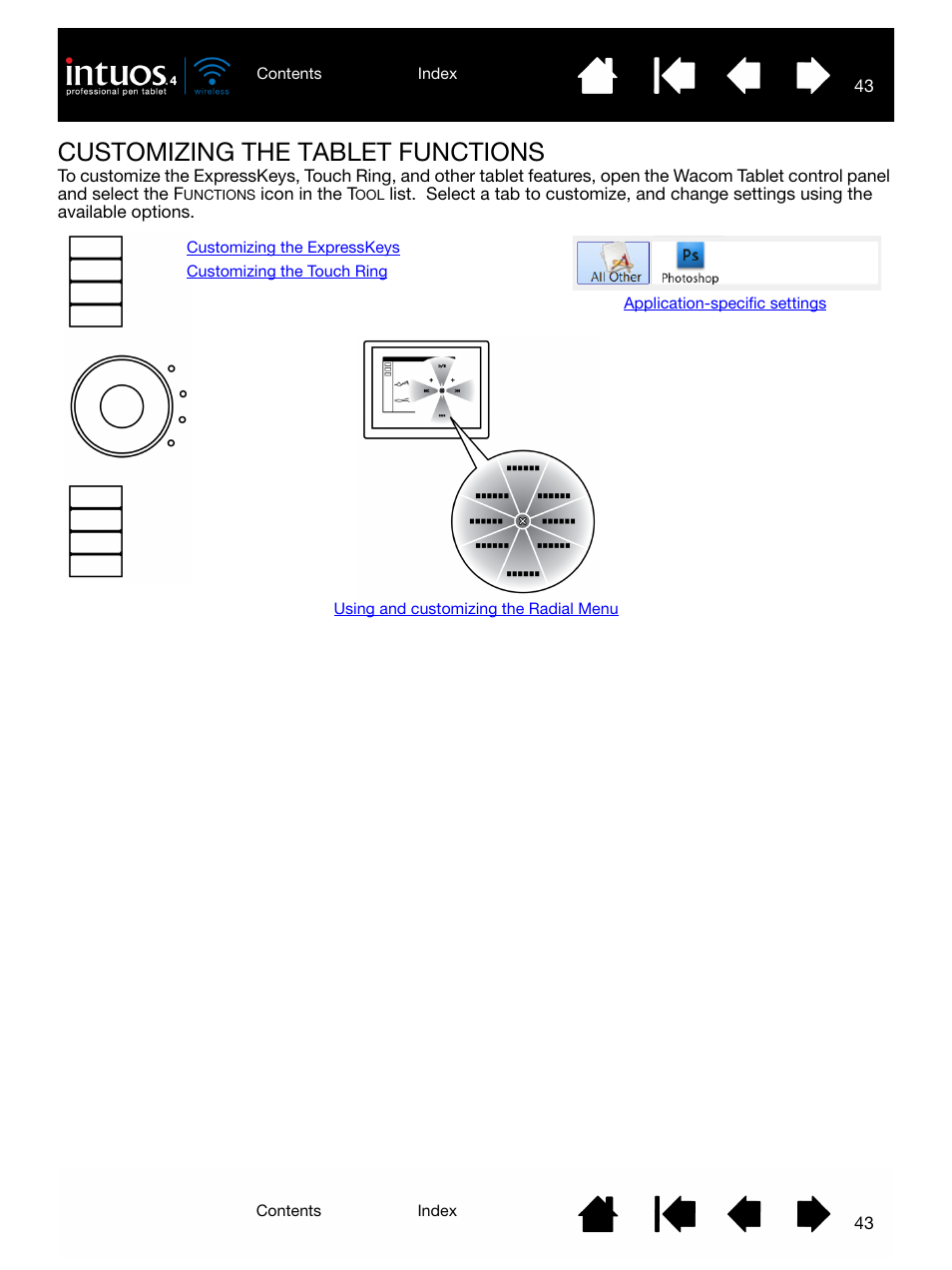 Customizing the tablet functions, Customizing your tablet, Customizing the tablet | Functions | Wacom INTUOS4 WIRELESS PTK-540WL User Manual | Page 43 / 116