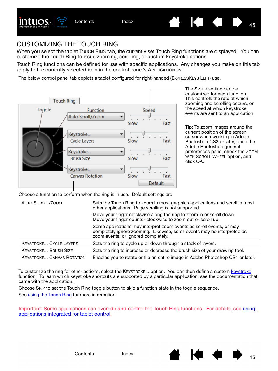 Customizing the touch ring | Wacom INTUOS4 WIRELESS PTK-540WL User Manual | Page 45 / 116