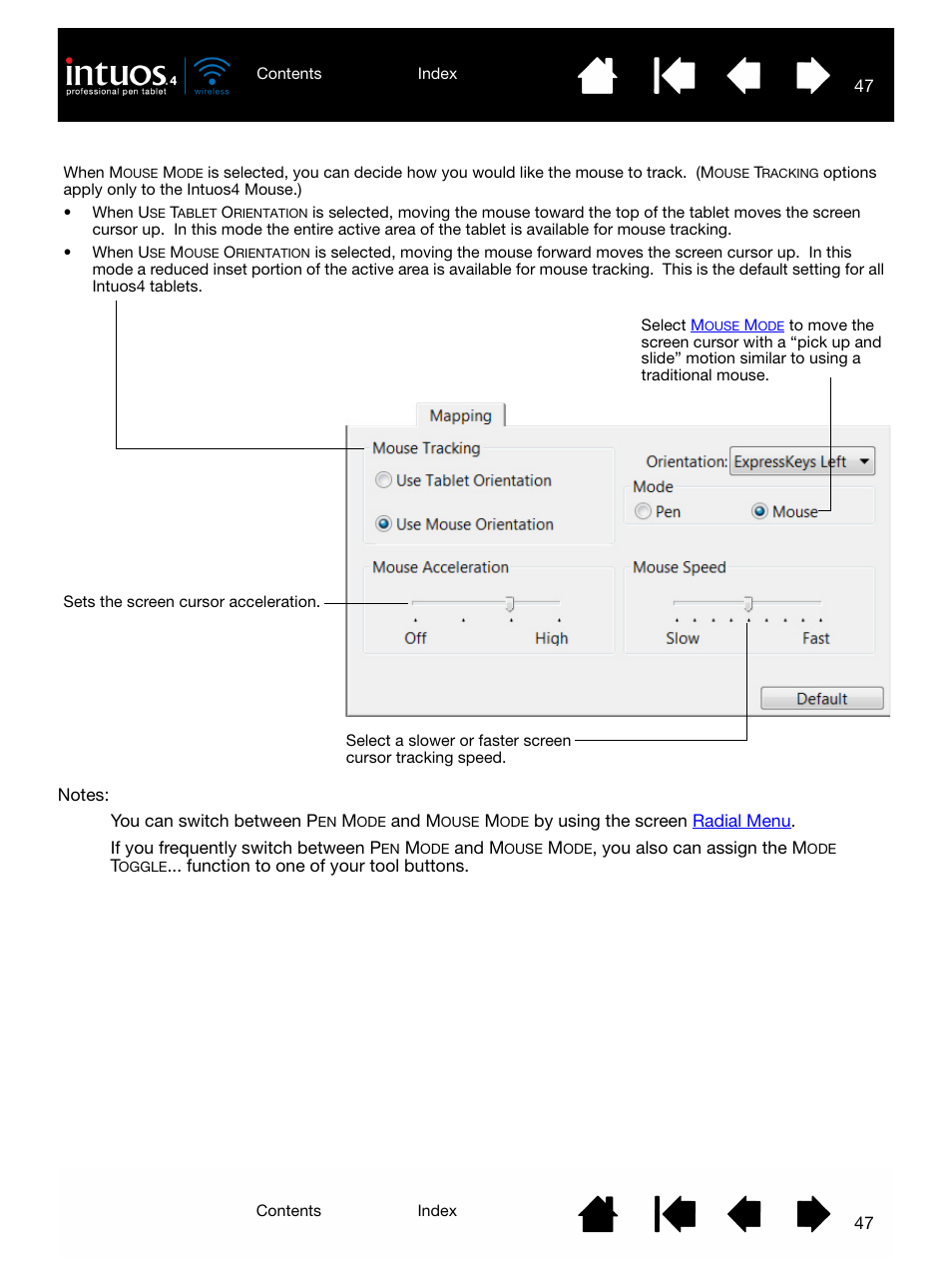 Mouse mode settings | Wacom INTUOS4 WIRELESS PTK-540WL User Manual | Page 47 / 116