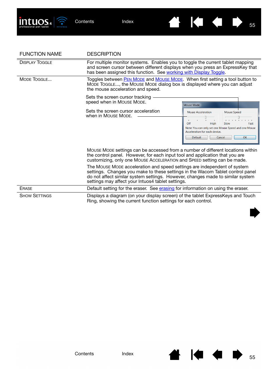 Ettings, Isplay, Oggle | Wacom INTUOS4 WIRELESS PTK-540WL User Manual | Page 55 / 116