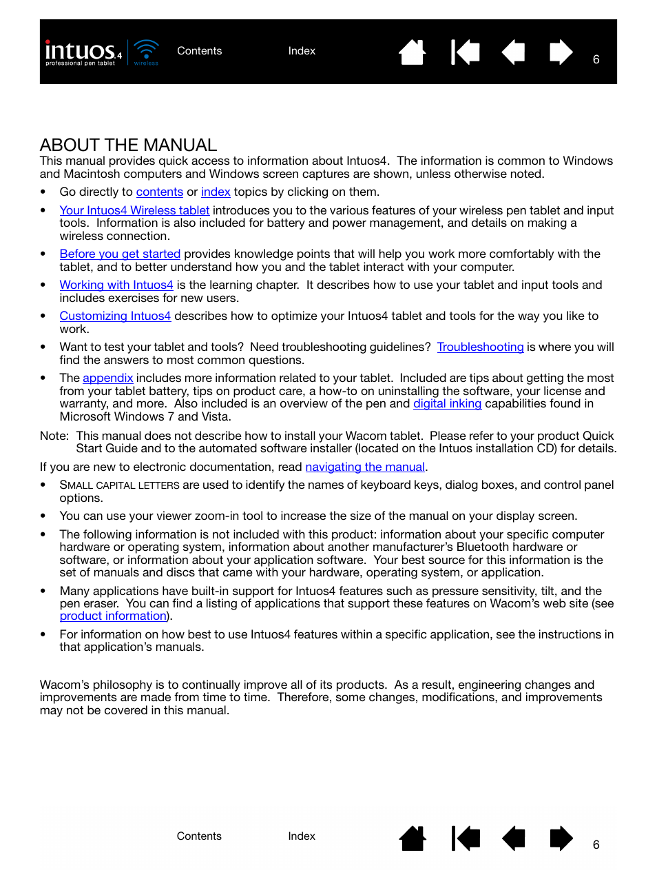 About the manual | Wacom INTUOS4 WIRELESS PTK-540WL User Manual | Page 6 / 116