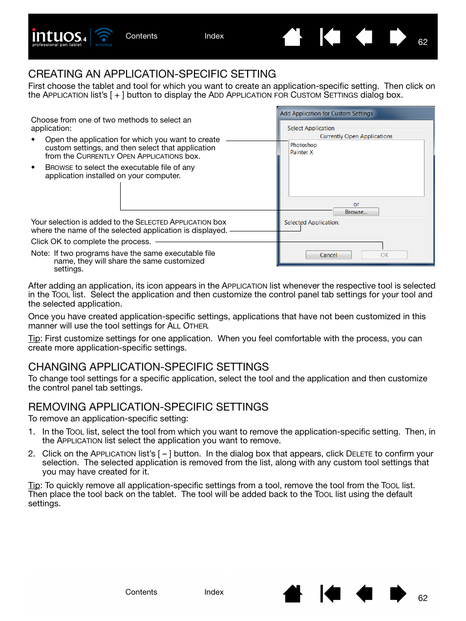 Creating an application-specific setting, Changing application-specific settings, Removing application-specific settings | Wacom INTUOS4 WIRELESS PTK-540WL User Manual | Page 62 / 116