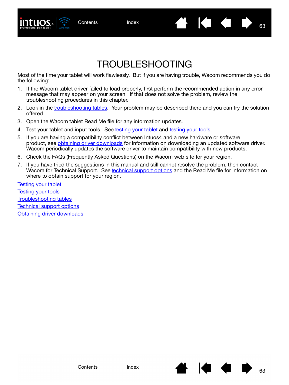 Troubleshooting, Troubleshooting 63 | Wacom INTUOS4 WIRELESS PTK-540WL User Manual | Page 63 / 116