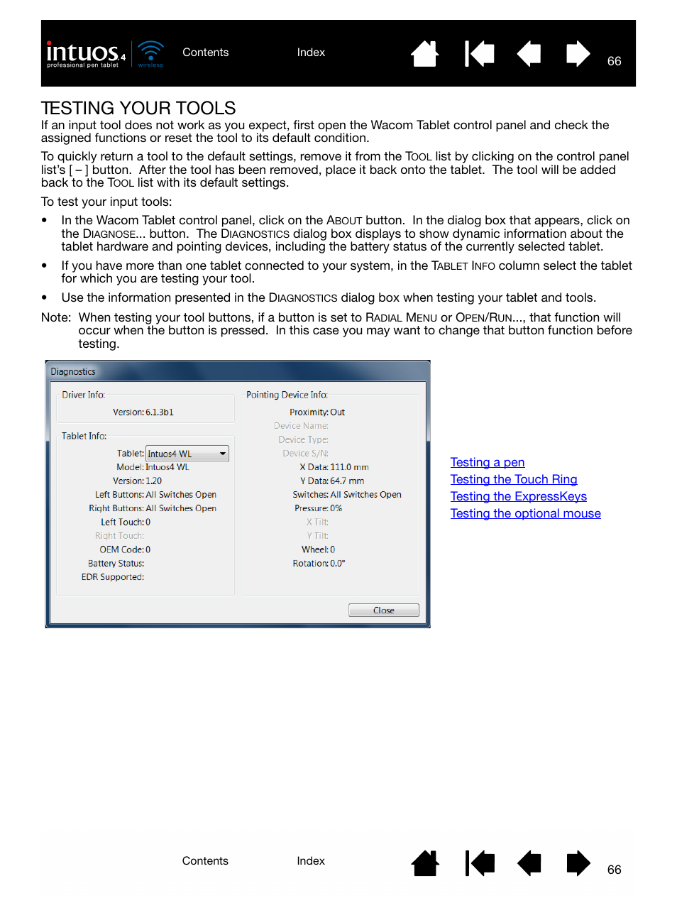 Testing your tools | Wacom INTUOS4 WIRELESS PTK-540WL User Manual | Page 66 / 116