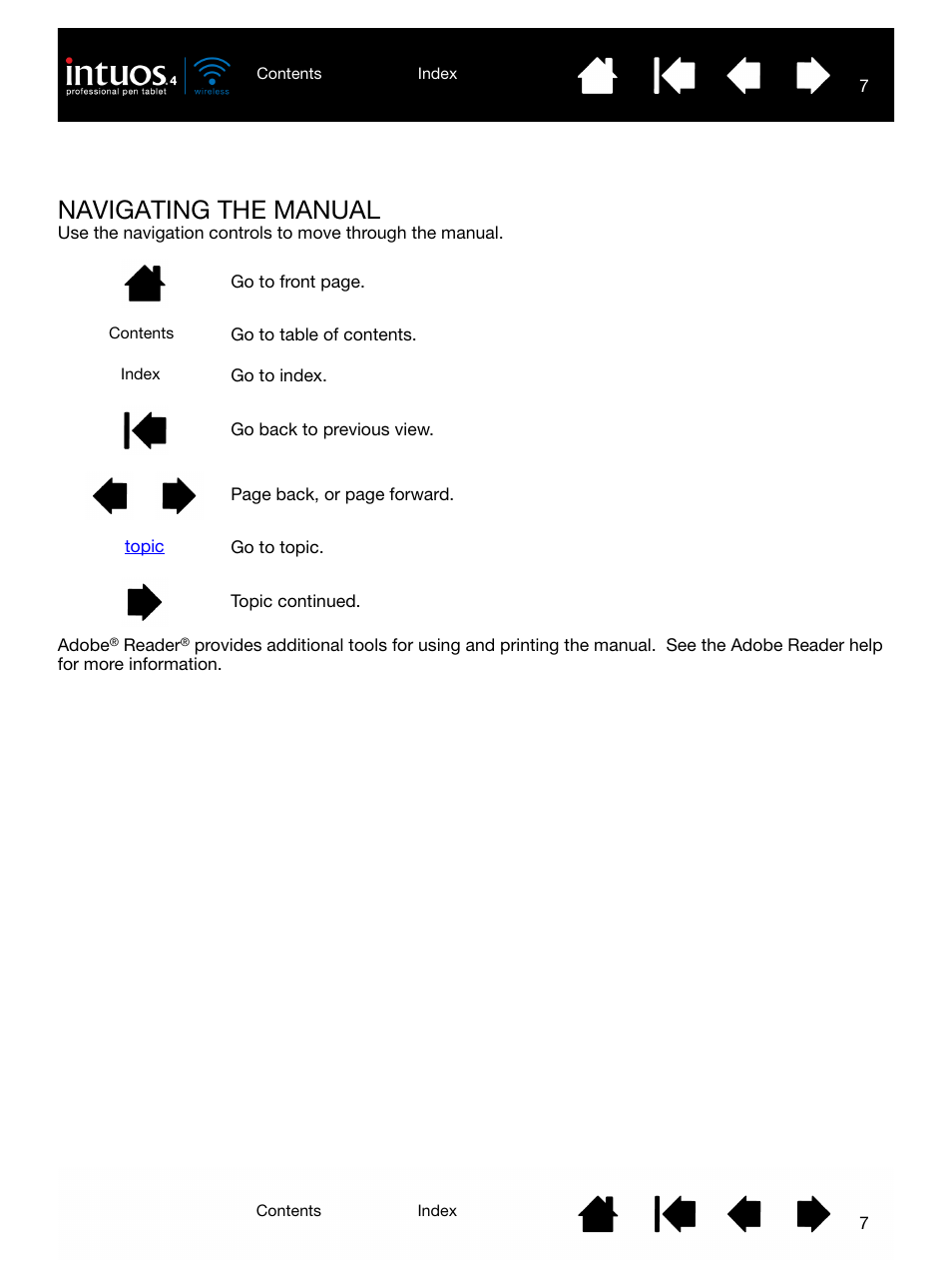Navigating the manual | Wacom INTUOS4 WIRELESS PTK-540WL User Manual | Page 7 / 116