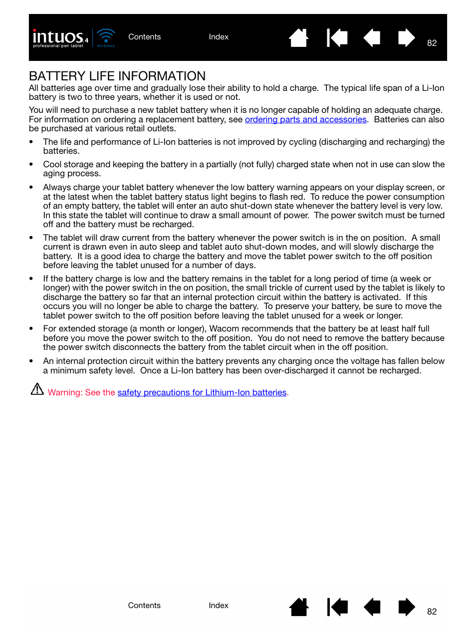 Battery life information, Battery life information 82 | Wacom INTUOS4 WIRELESS PTK-540WL User Manual | Page 82 / 116