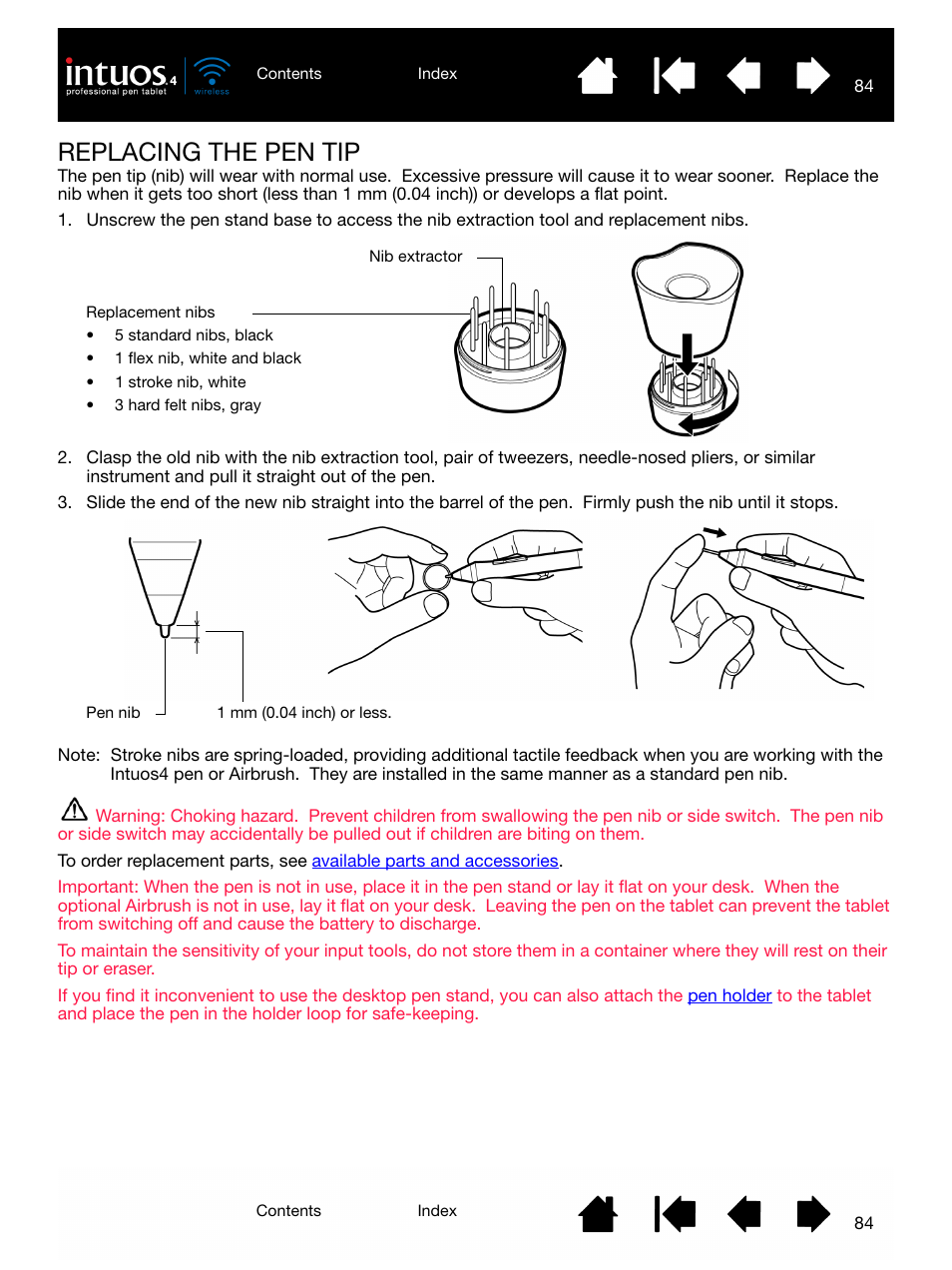 Replacing the pen tip, Replaceable nib | Wacom INTUOS4 WIRELESS PTK-540WL User Manual | Page 84 / 116