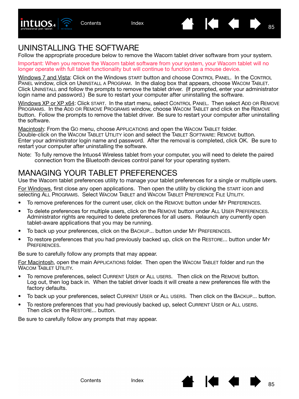 Uninstalling the software, Managing your tablet preferences, Gin by | Wacom INTUOS4 WIRELESS PTK-540WL User Manual | Page 85 / 116