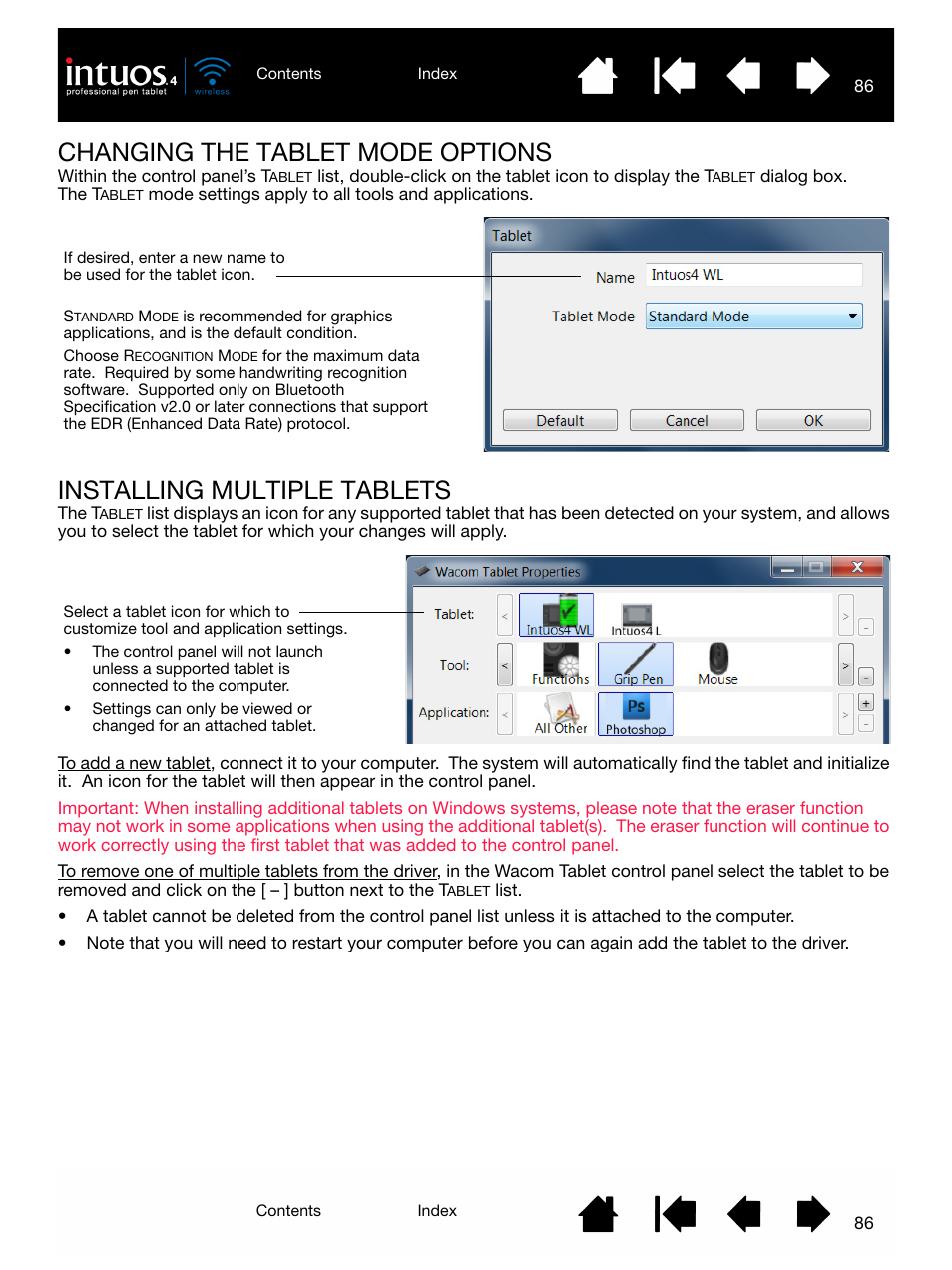 Changing the tablet mode options, Installing multiple tablets | Wacom INTUOS4 WIRELESS PTK-540WL User Manual | Page 86 / 116