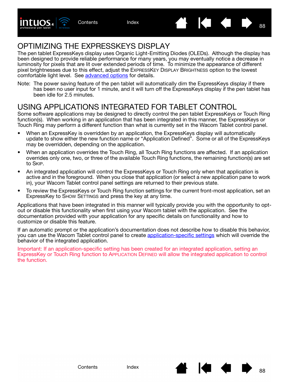 Optimizing the expresskeys display, Using applications integrated for tablet control, Optimizing the | Expresskeys display, Using, Applications integrated for tablet control, For details, see, Functions. for details, see | Wacom INTUOS4 WIRELESS PTK-540WL User Manual | Page 88 / 116