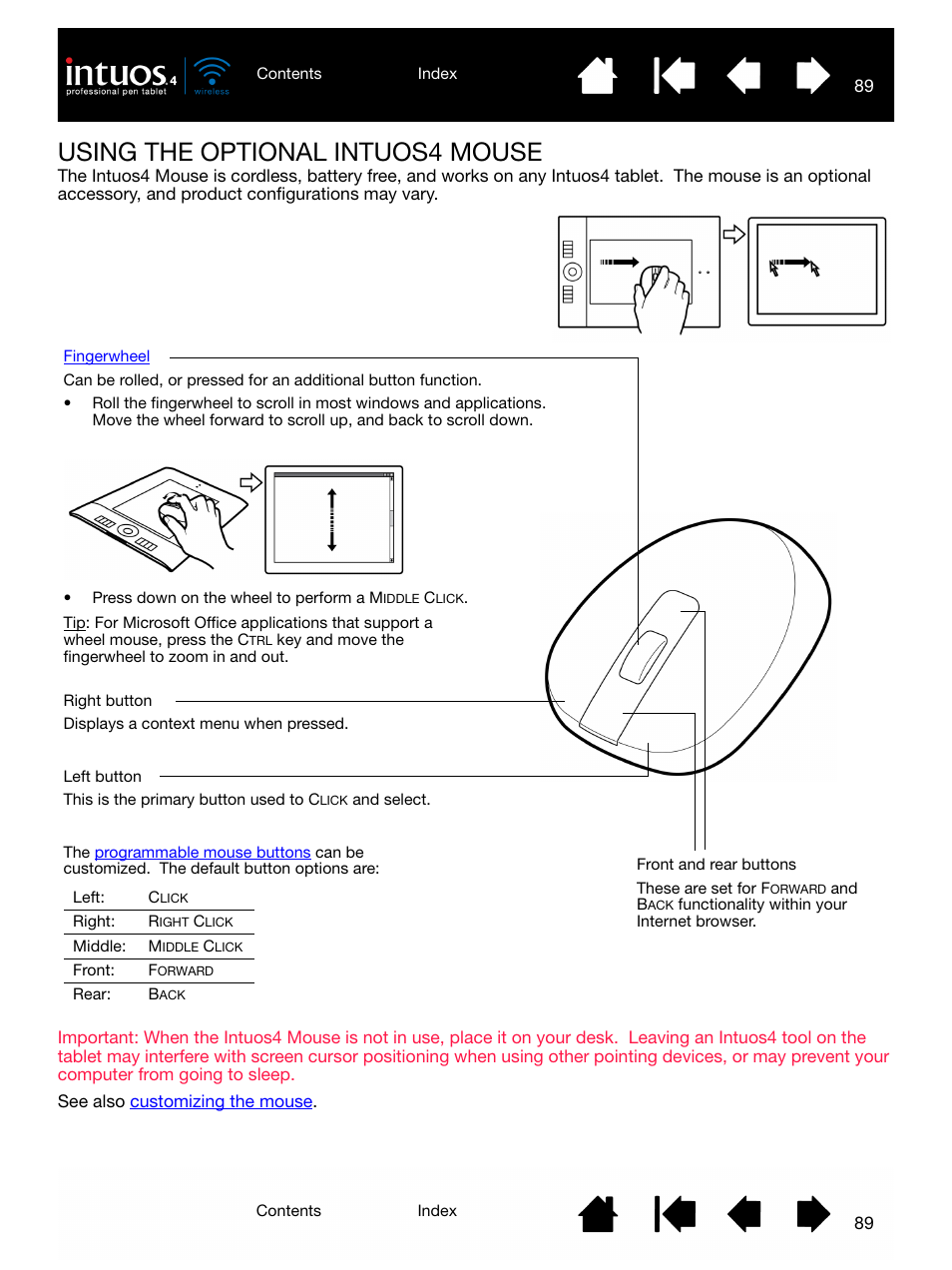 Using the optional intuos4 mouse, Using the intuos4 mouse | Wacom INTUOS4 WIRELESS PTK-540WL User Manual | Page 89 / 116