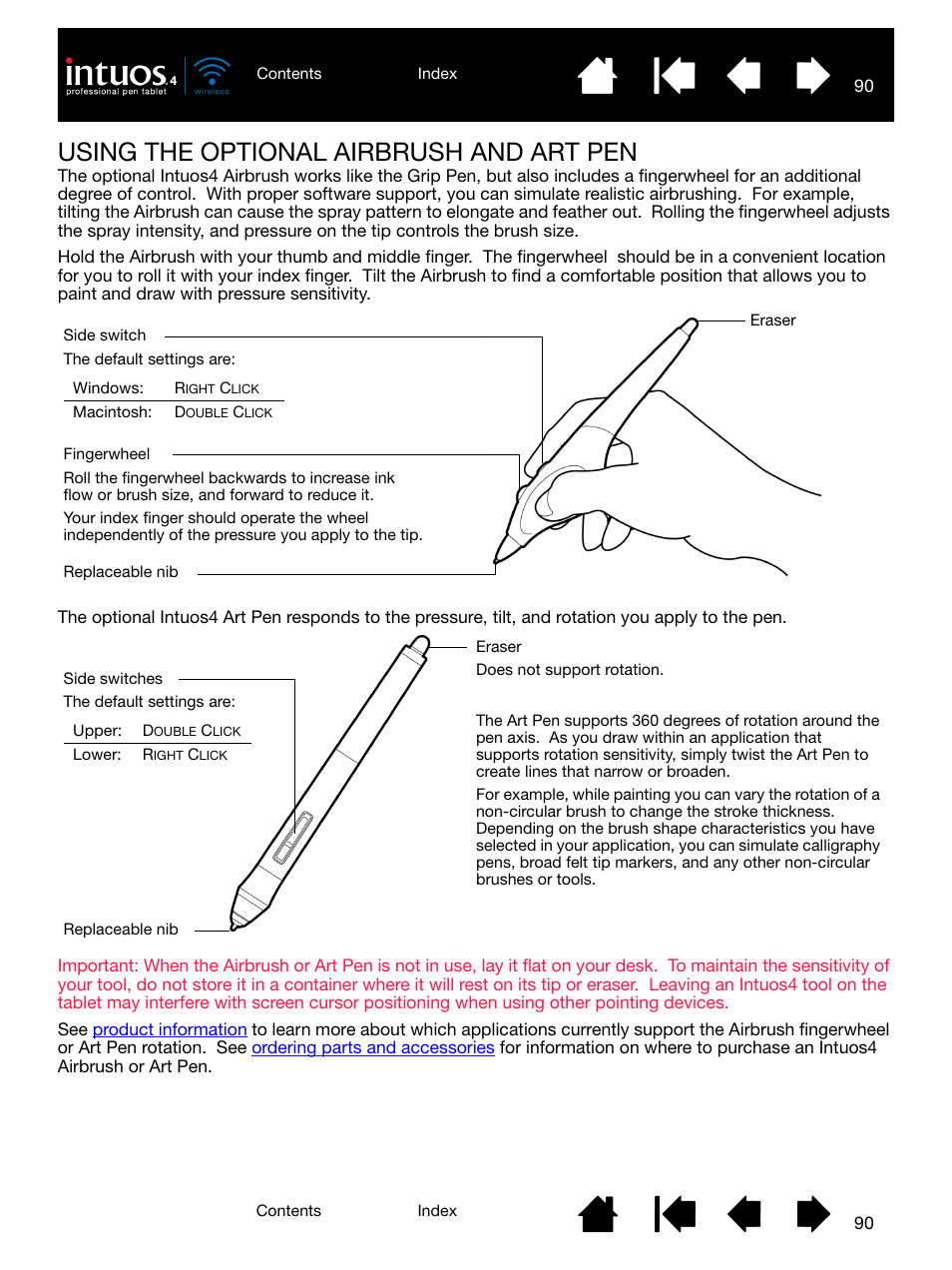 Using the optional airbrush and art pen | Wacom INTUOS4 WIRELESS PTK-540WL User Manual | Page 90 / 116