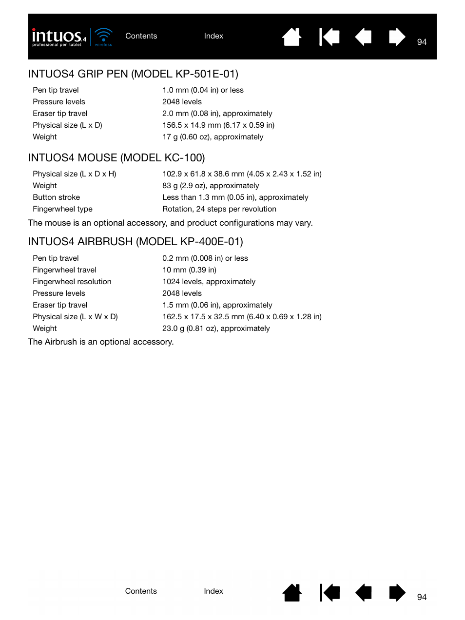 Intuos4 grip pen (model kp-501e-01), Intuos4 mouse (model kc-100), Intuos4 airbrush (model kp-400e-01) | Wacom INTUOS4 WIRELESS PTK-540WL User Manual | Page 94 / 116