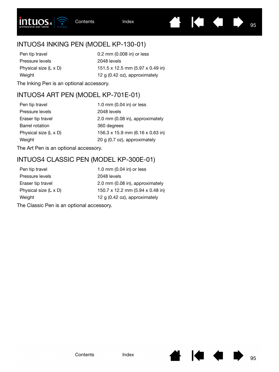 Intuos4 inking pen (model kp-130-01), Intuos4 art pen (model kp-701e-01), Intuos4 classic pen (model kp-300e-01) | Wacom INTUOS4 WIRELESS PTK-540WL User Manual | Page 95 / 116