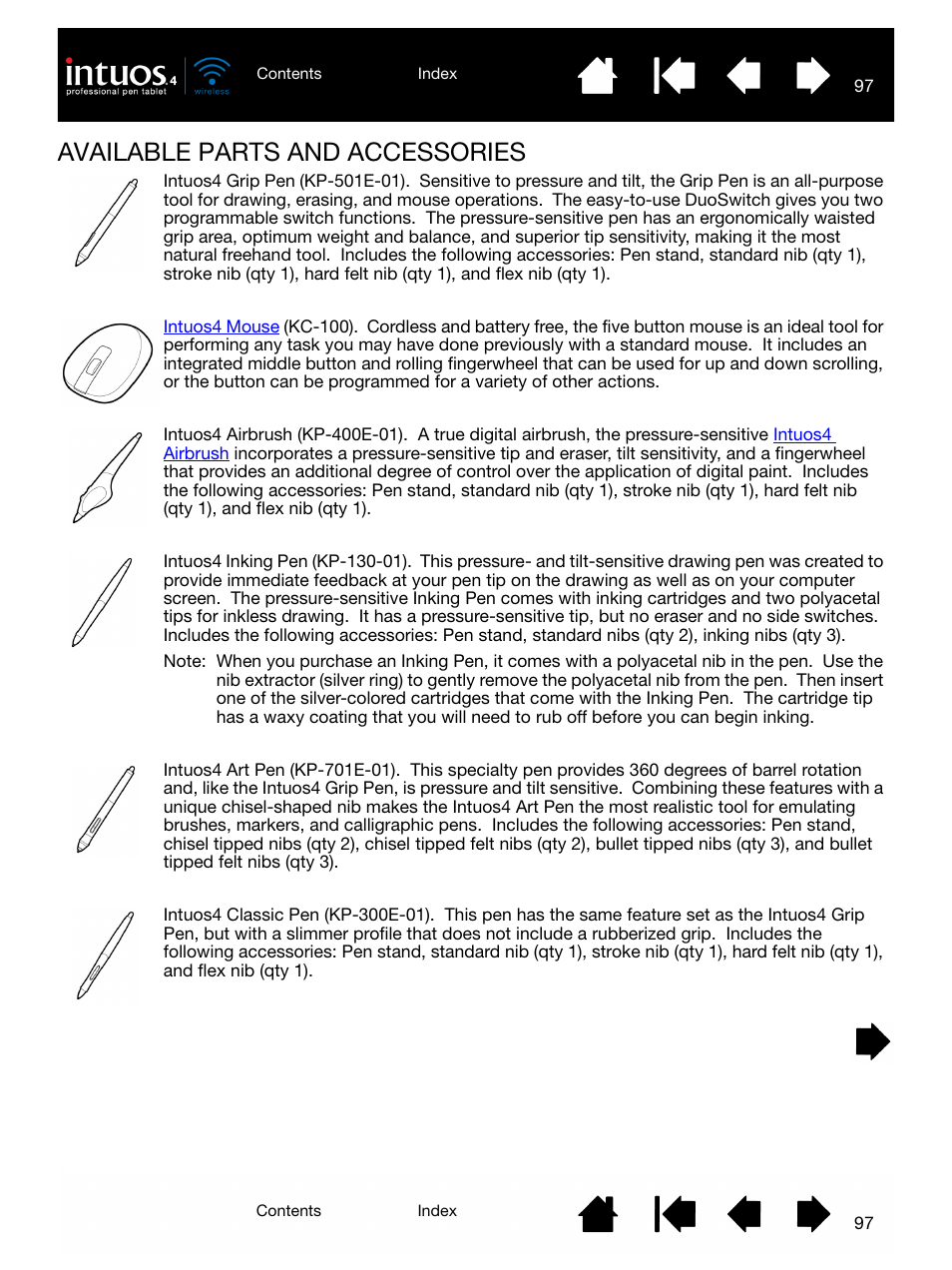 Available parts and accessories, Look over the | Wacom INTUOS4 WIRELESS PTK-540WL User Manual | Page 97 / 116