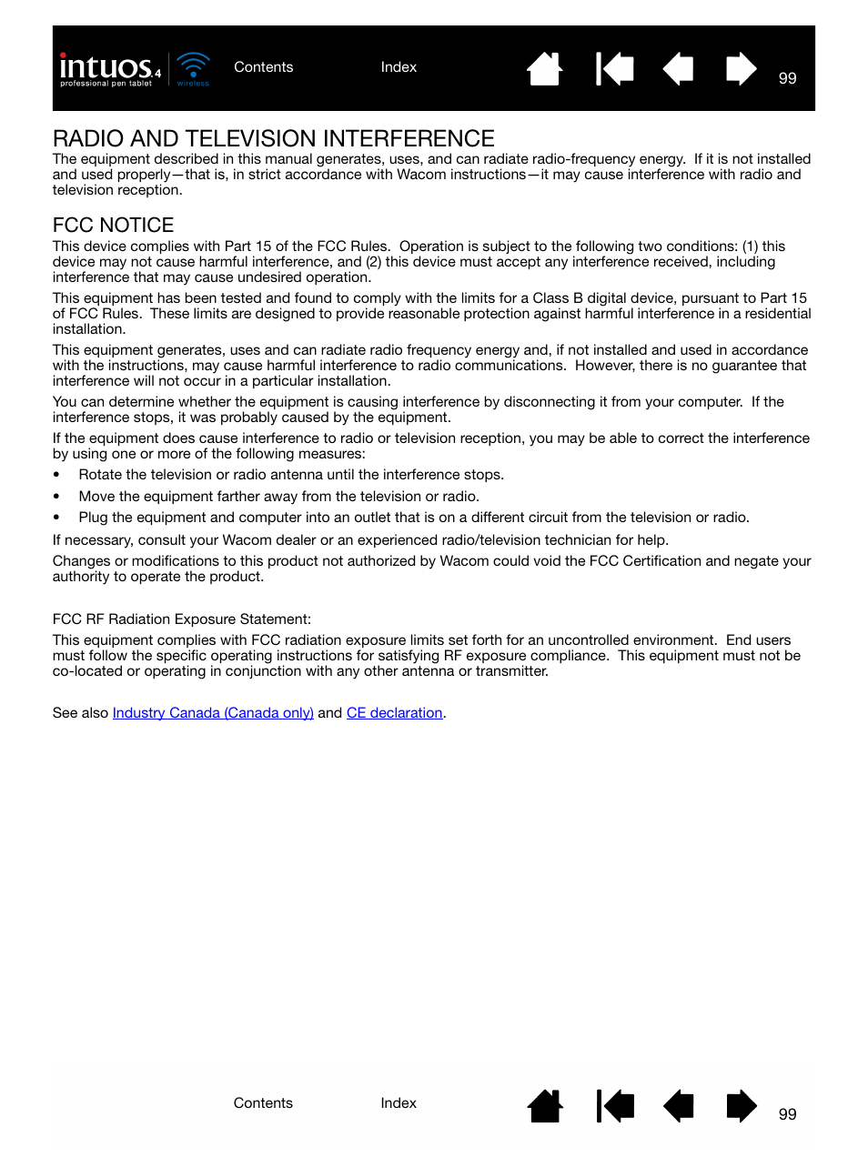 Radio and television interference, Fcc notice | Wacom INTUOS4 WIRELESS PTK-540WL User Manual | Page 99 / 116