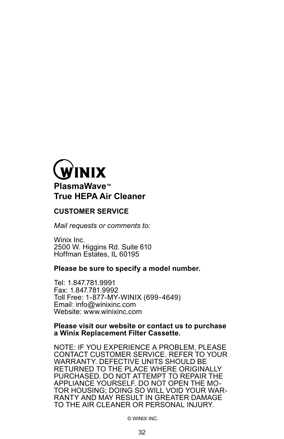 Winix PLASMAWAVE WAC-9000 User Manual | 32 pages
