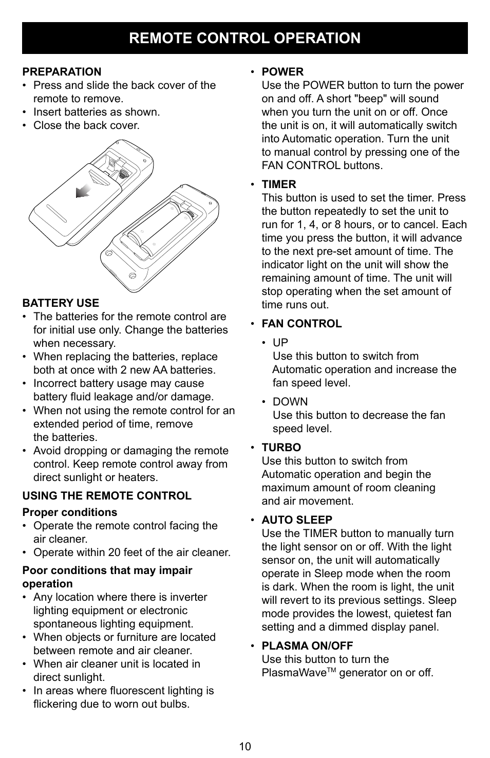 Remote control operation | Winix PLASMAWAVE WAC-9000 User Manual | Page 11 / 32