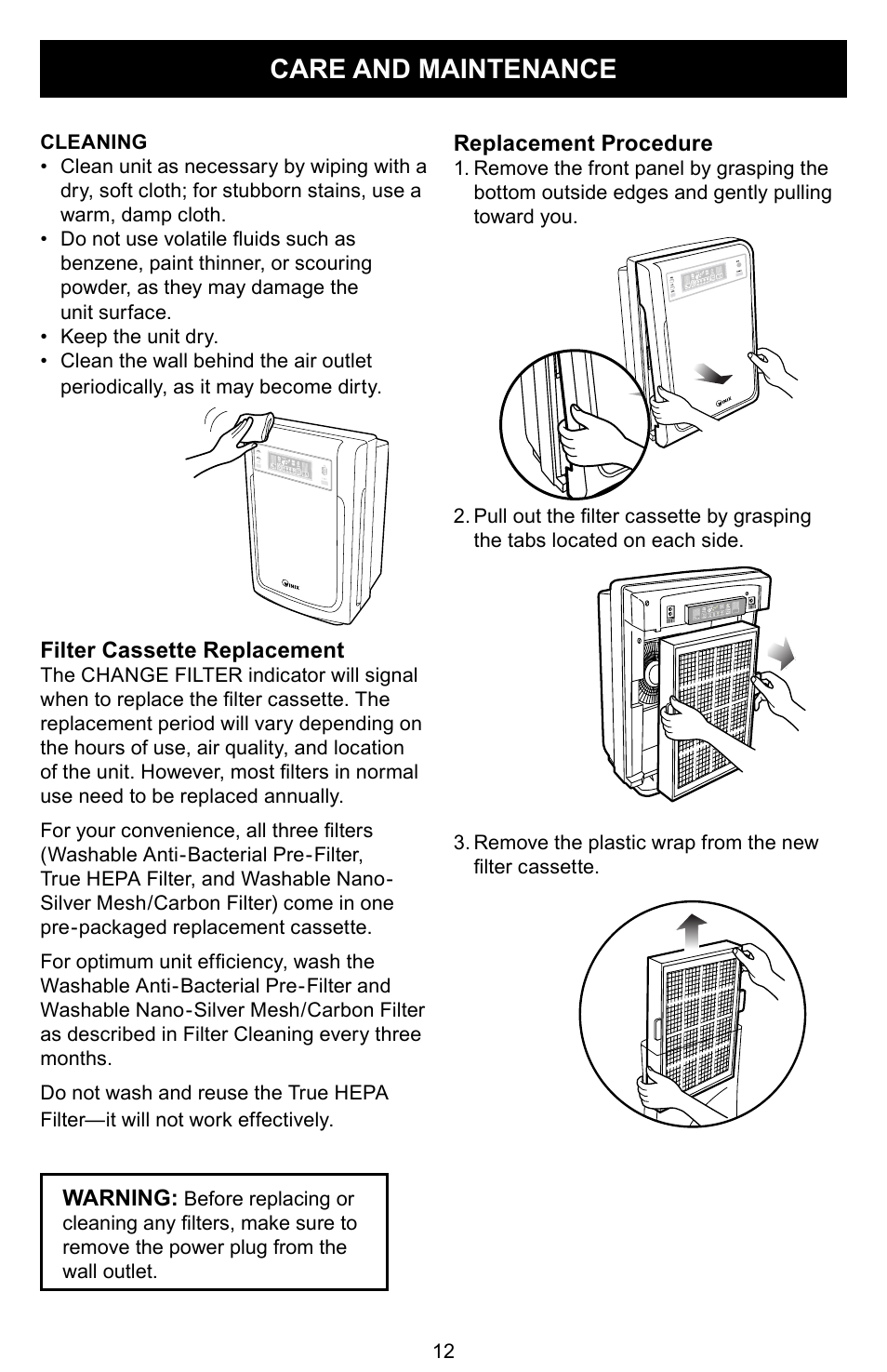 Care and maintenance | Winix PLASMAWAVE WAC-9000 User Manual | Page 13 / 32