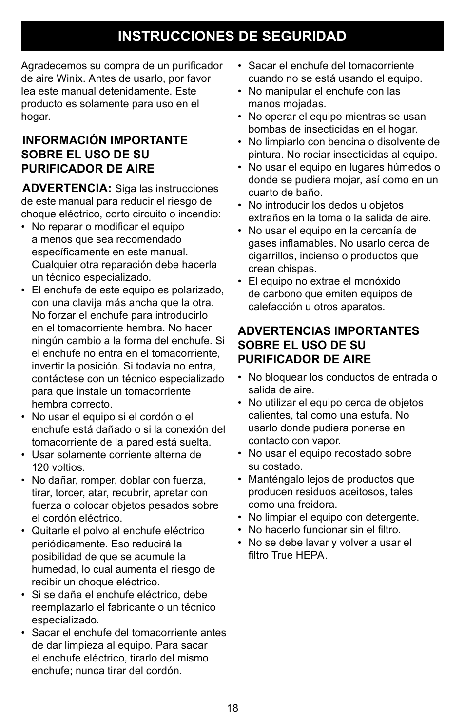 Instrucciones de seguridad | Winix PLASMAWAVE WAC-9000 User Manual | Page 19 / 32