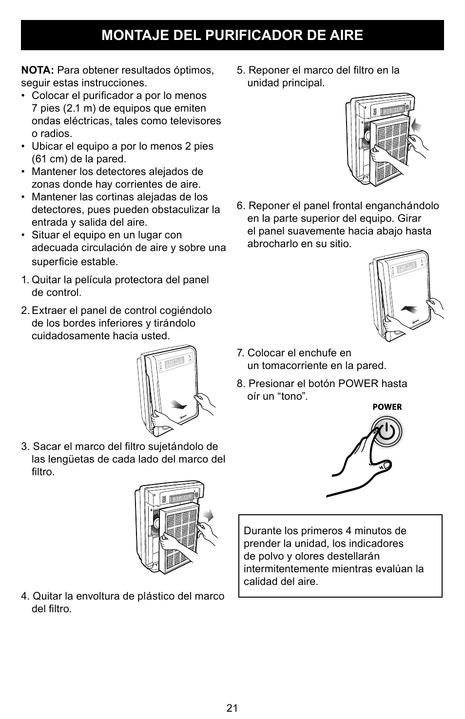 Montaje del purificador de aire | Winix PLASMAWAVE WAC-9000 User Manual | Page 22 / 32