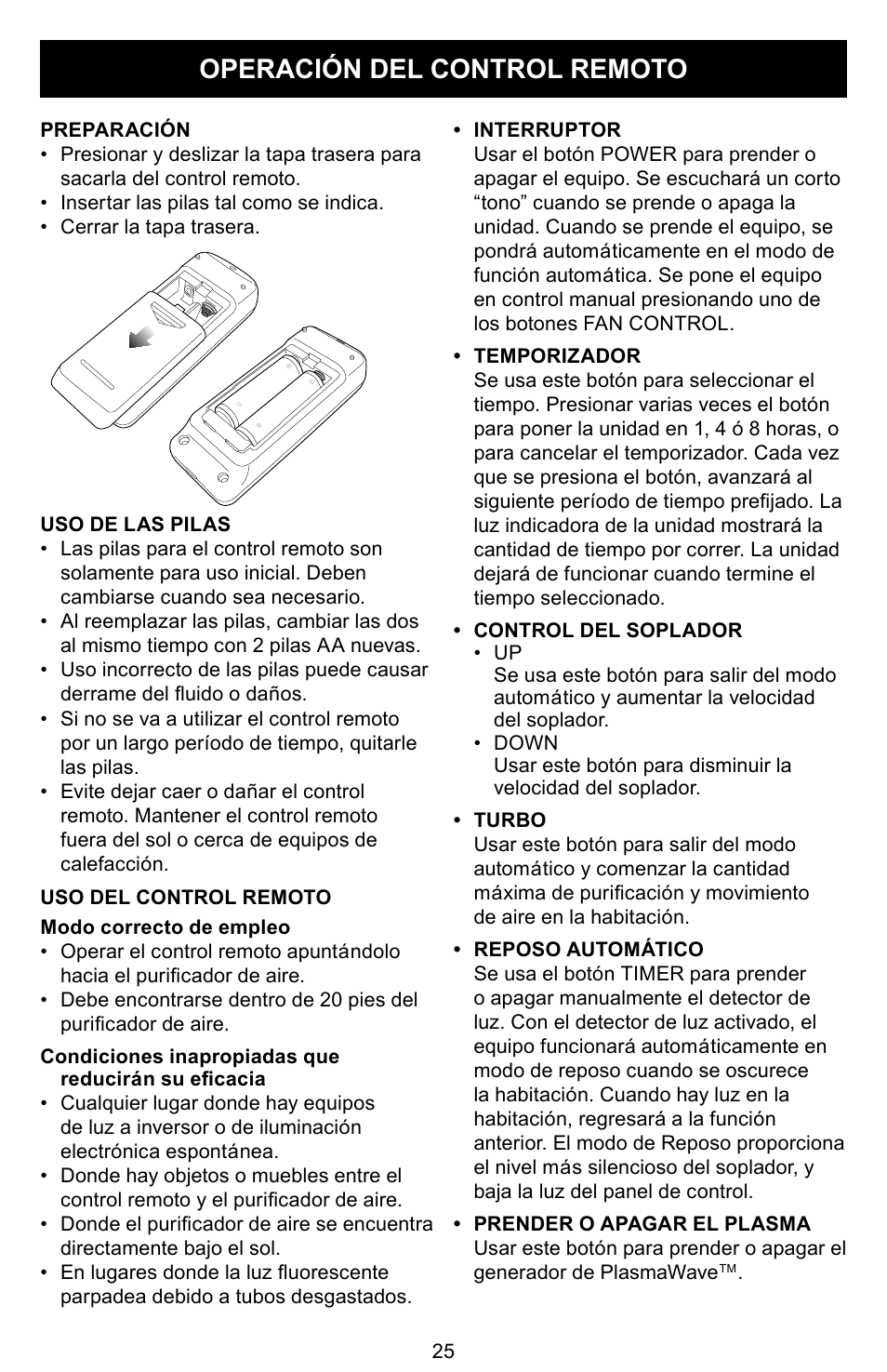 Operación del control remoto | Winix PLASMAWAVE WAC-9000 User Manual | Page 26 / 32