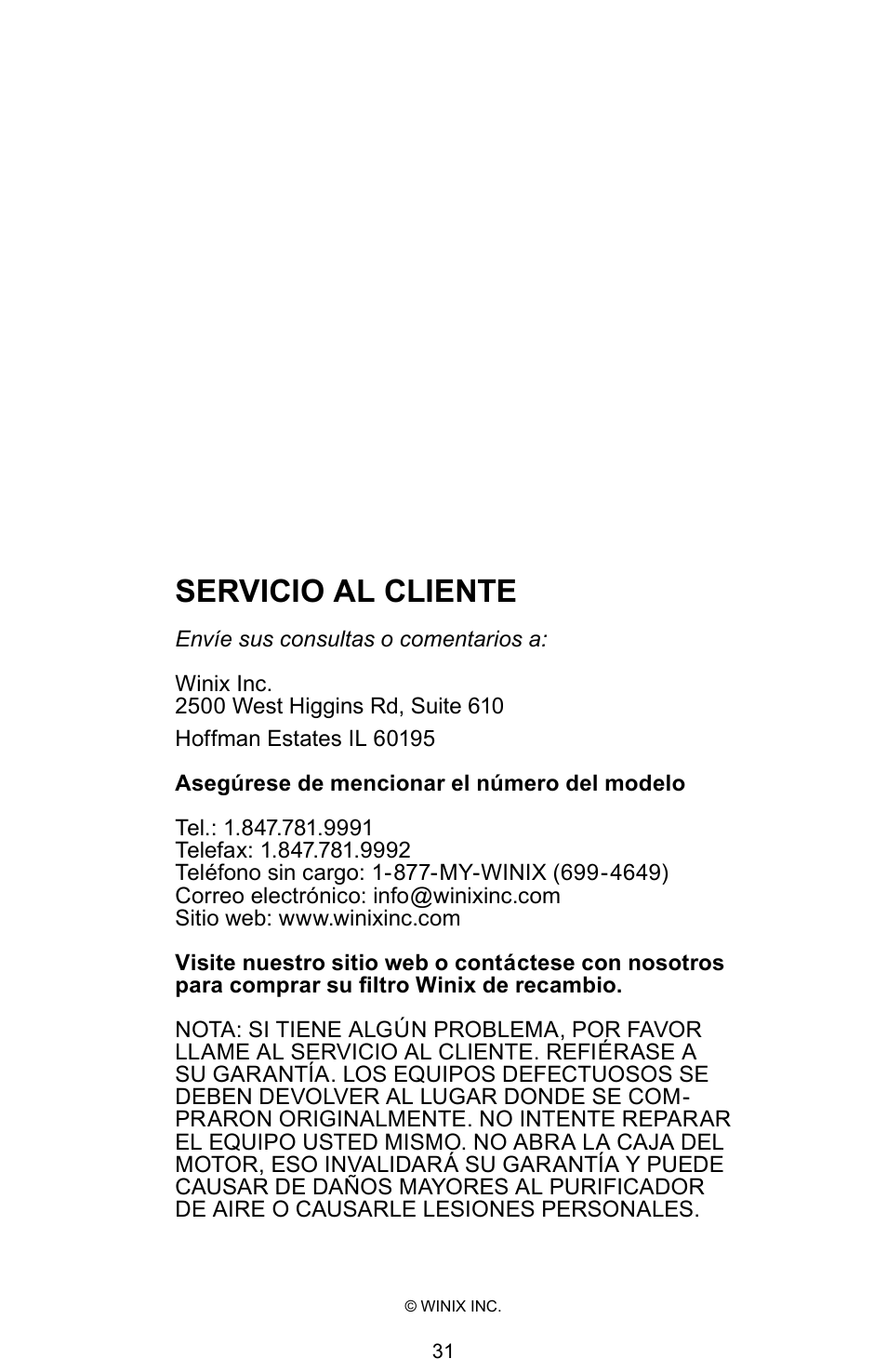 Servicio al cliente | Winix PLASMAWAVE WAC-9000 User Manual | Page 32 / 32