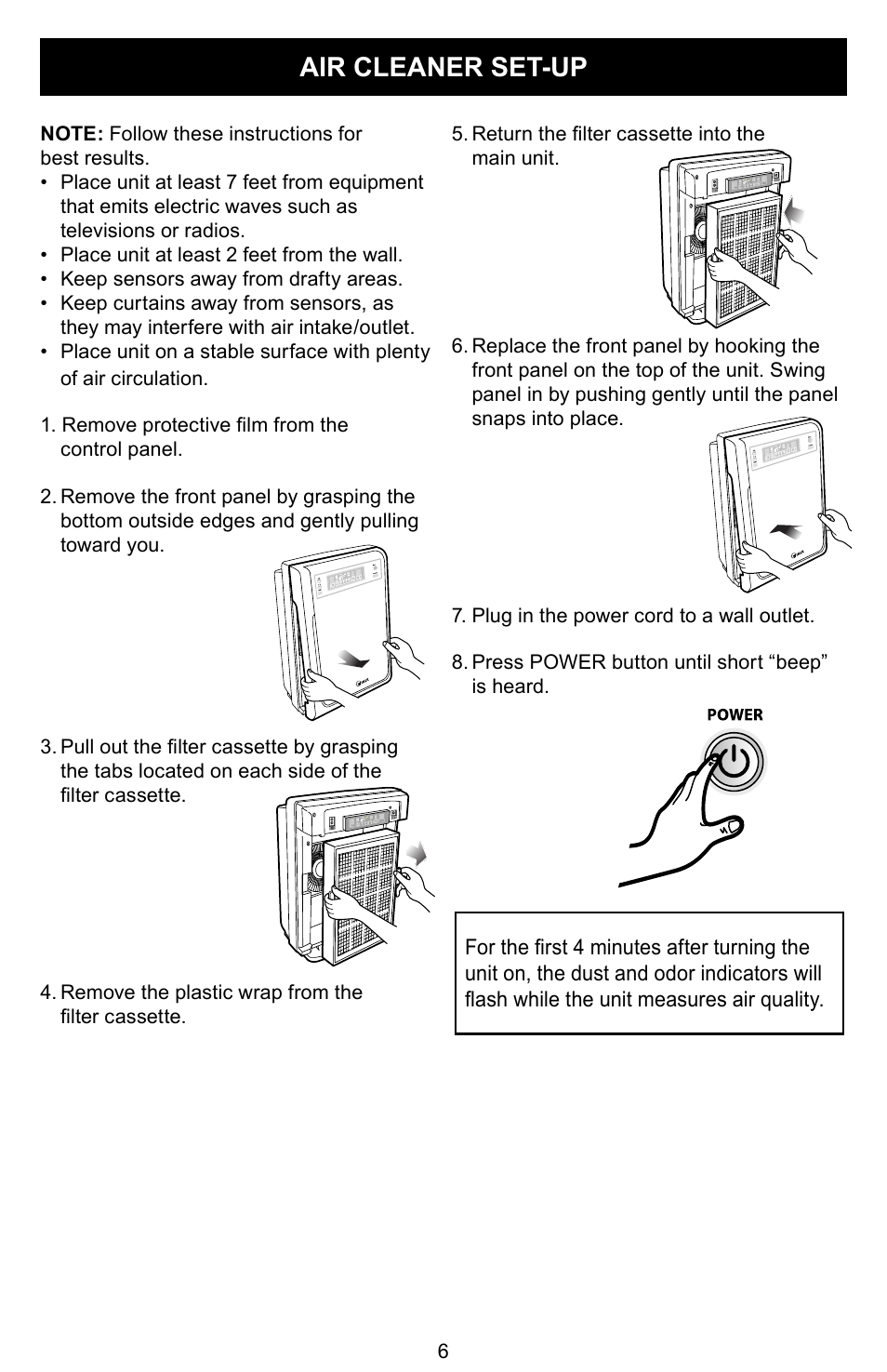 Air cleaner set-up | Winix PLASMAWAVE WAC-9000 User Manual | Page 7 / 32