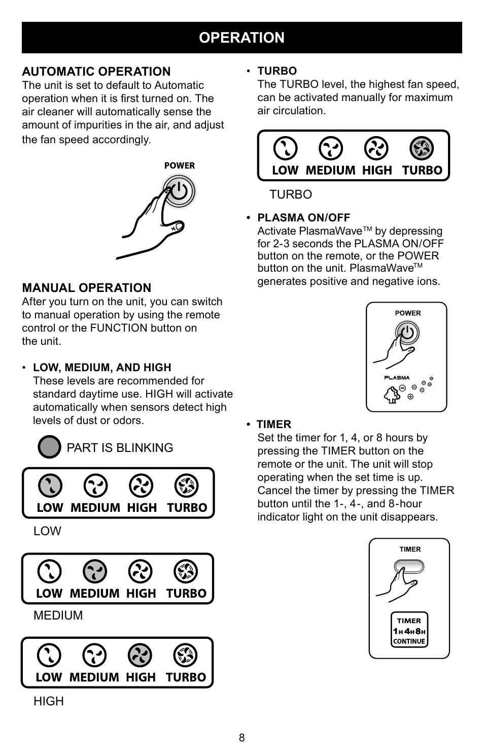 Operation | Winix PLASMAWAVE WAC-9000 User Manual | Page 9 / 32