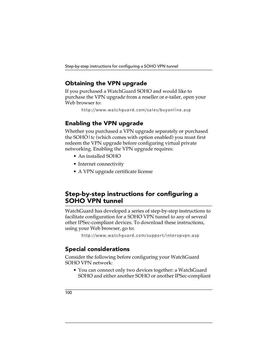 Obtaining the vpn upgrade, Enabling the vpn upgrade, Special considerations | Tunnel | WatchGuard Technologies SOHO User Manual | Page 100 / 118